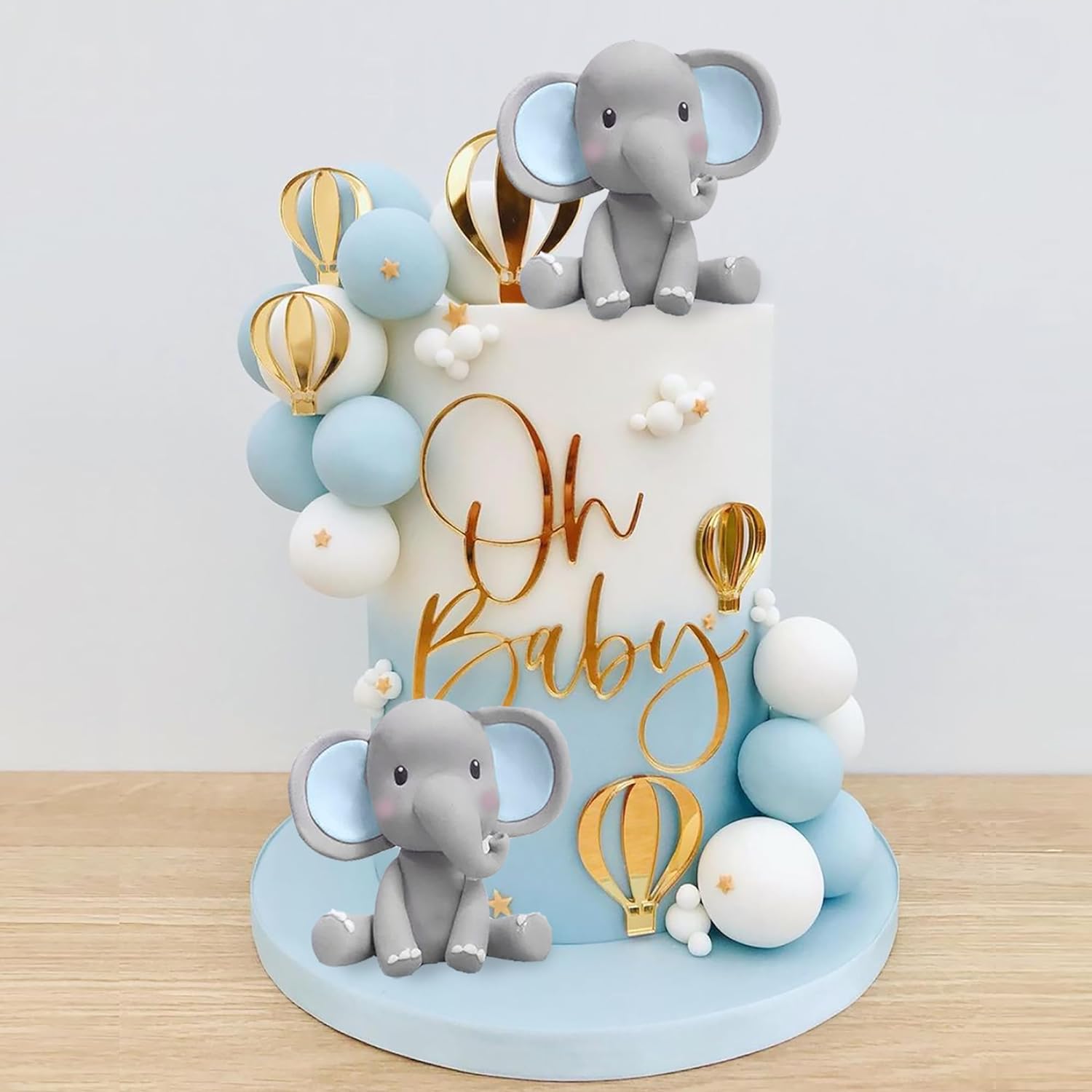 Baby Food Ideas - ช้างเค้กตกแต่งเค้กเด็ก Topper สีฟ้าสีขาวลูกบอลมุก Hot Air บอลลูนสําหรับอาบน้ําเด็ก