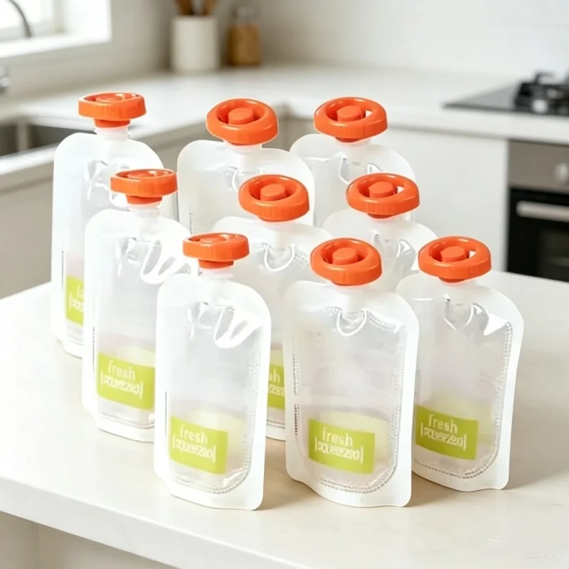 Baby Food Organic - ถุงใส่อาหารสำหรับทารกแบบออร์แกนิก 50 ชิ้น ถุงบีบพกพาสำหรับใส่น้ำผลไม้ ภาชนะเก็บอาหารเสริมสำหรับเด็กเล็ก ใช้ได้ทั้งในบ้านและนอกบ้าน