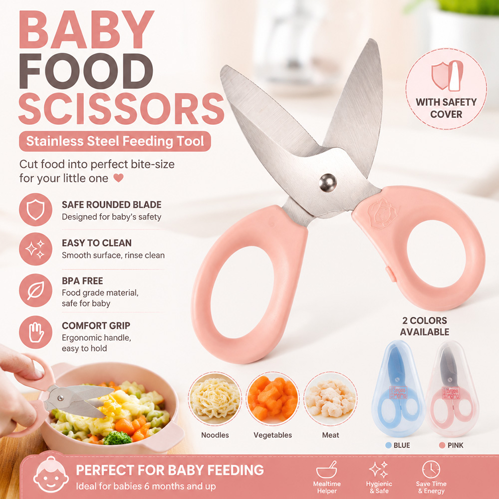 Baby Food Scissors - กรรไกรตัดอาหารเด็ก สแตนเลส กรรไกรสำหรับป้อนอาหารเด็ก ปลอดสาร BPA กรรไกรครัวเพื่อความปลอดภัยสำหรับตัดอาหารเด็กเล็ก